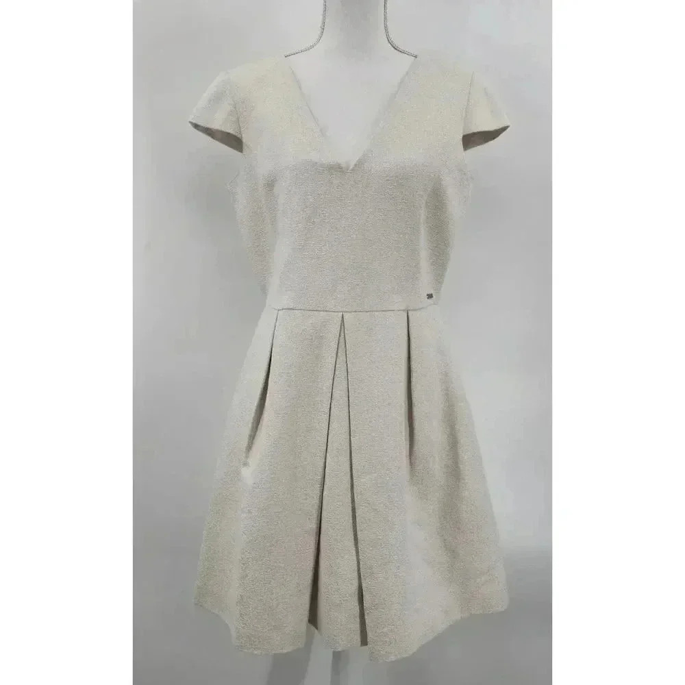 Armani Exchange‎ White Silver Short Sleeve V Neck Flare Flirty Zipper Back Dress